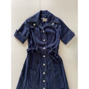 Vintage Leslie Fay Navy Blue Dress with White Stitching and Matching Belt
